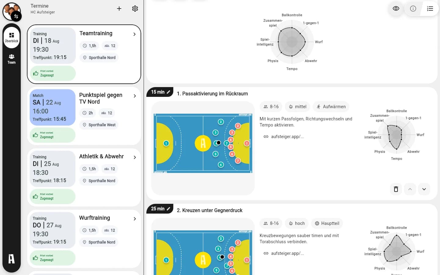 Handball-Terminliste mit Trainings und Spielen neben einem geöffneten Trainingsplan