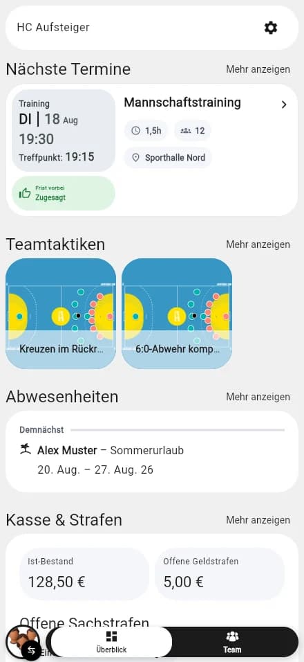 Handball-Teamübersicht mit Hallentraining, Handballtaktiken und Abwesenheiten